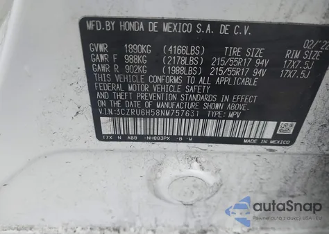 2022 Honda Hr-V Awd Ex z USA, uszkodzony, nr VIN 3CZRU6H58NM757631